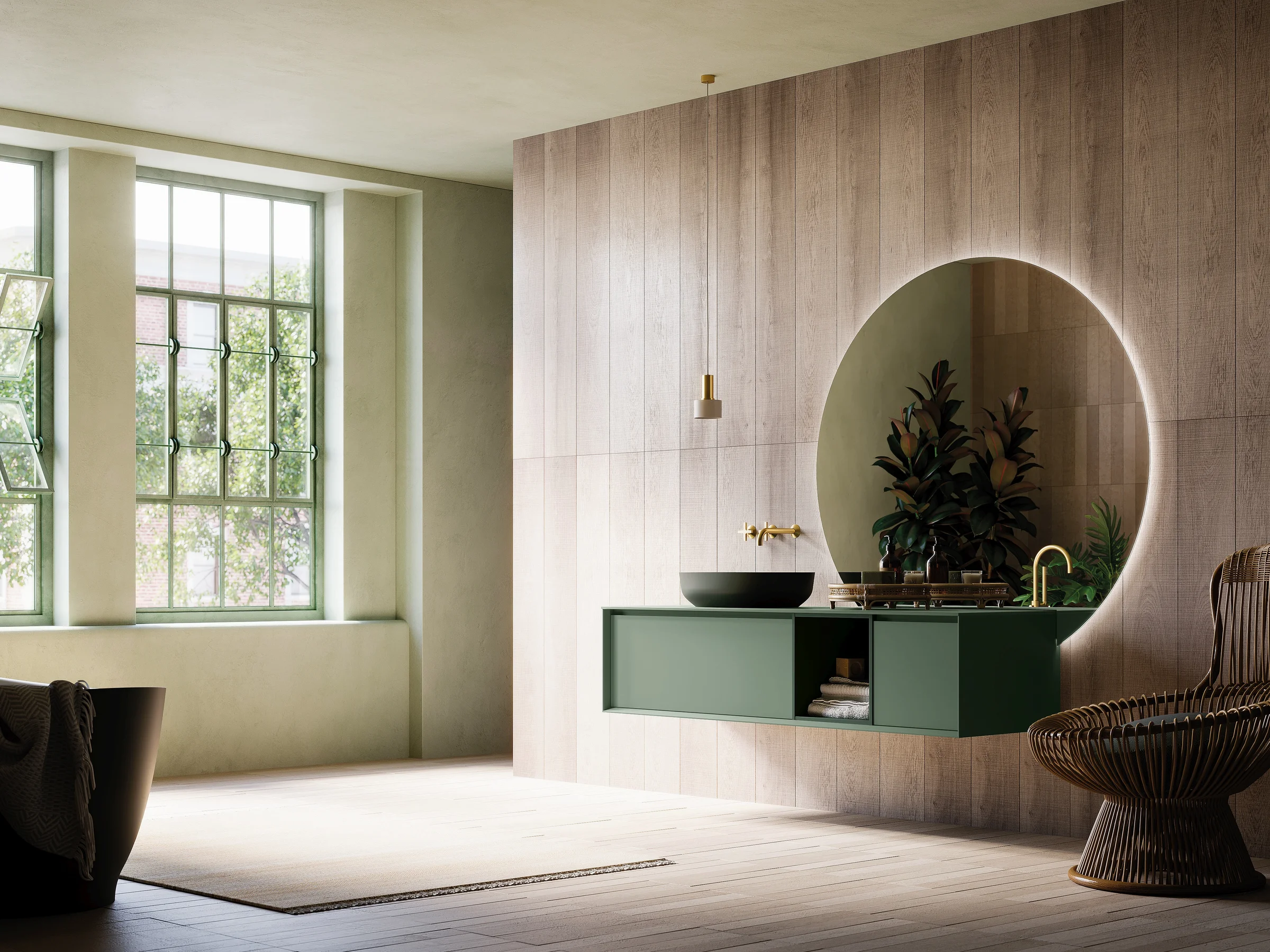 EDGE-MODULA 05/C in Glas vor Holzpaneelen