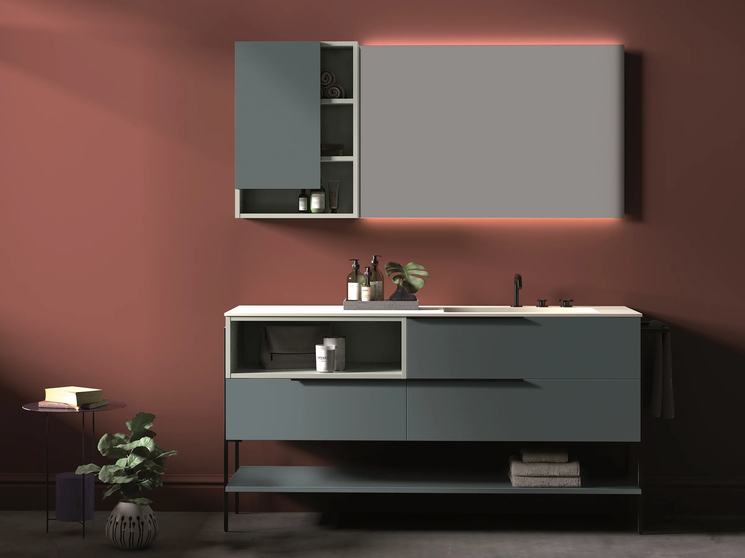 OLA NW2_13B in Lava & Concrete vor terrakottafarbener Wand