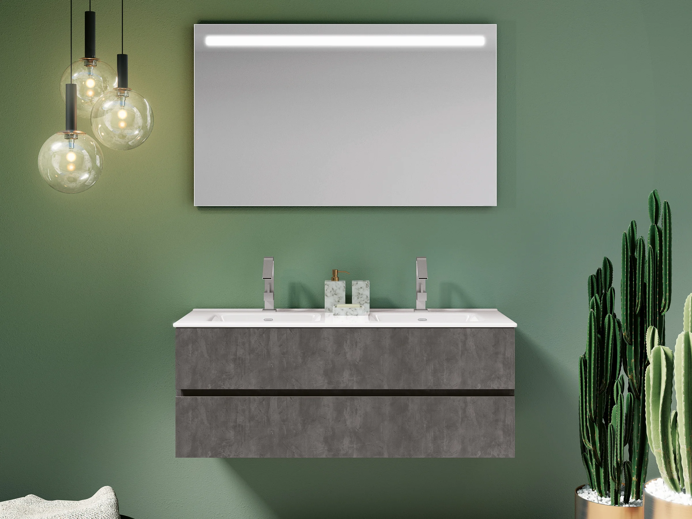 UP&DOWN 06 — dunkelgrüne Wand mit hellem Waschtisch
