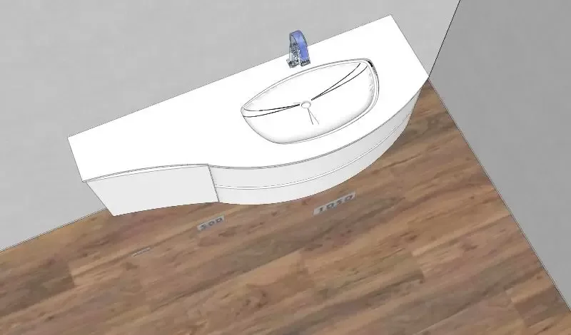 Skizze gerundeter Waschtisch — Beckenmitte 52 cm, Ränder bis 21 cm
